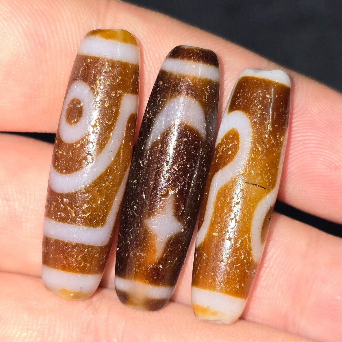 Lot 3 unique himalayan indo tibetan agate bead unique eyes pattern amulet