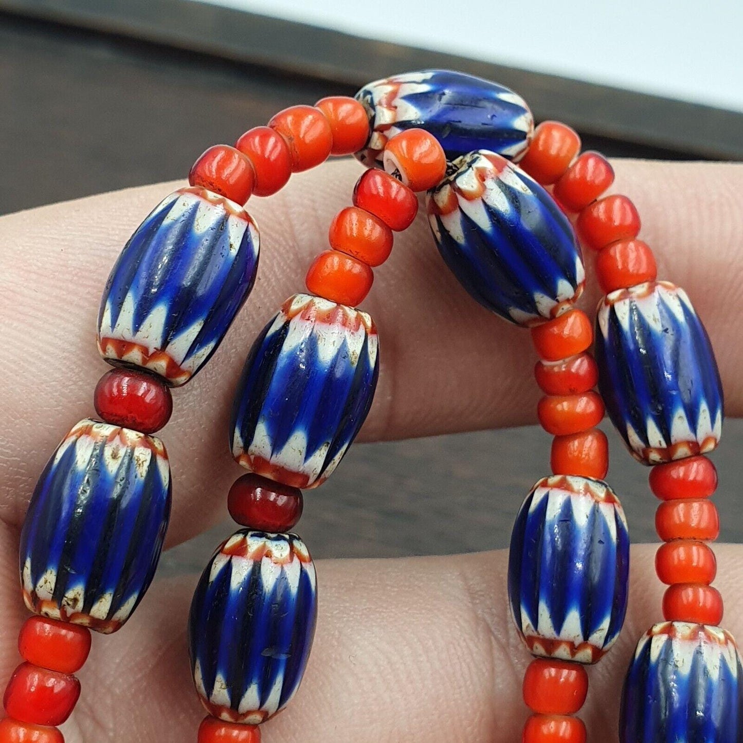 Antique vintage venetian white heart and blue chevron trade beads necklace w2