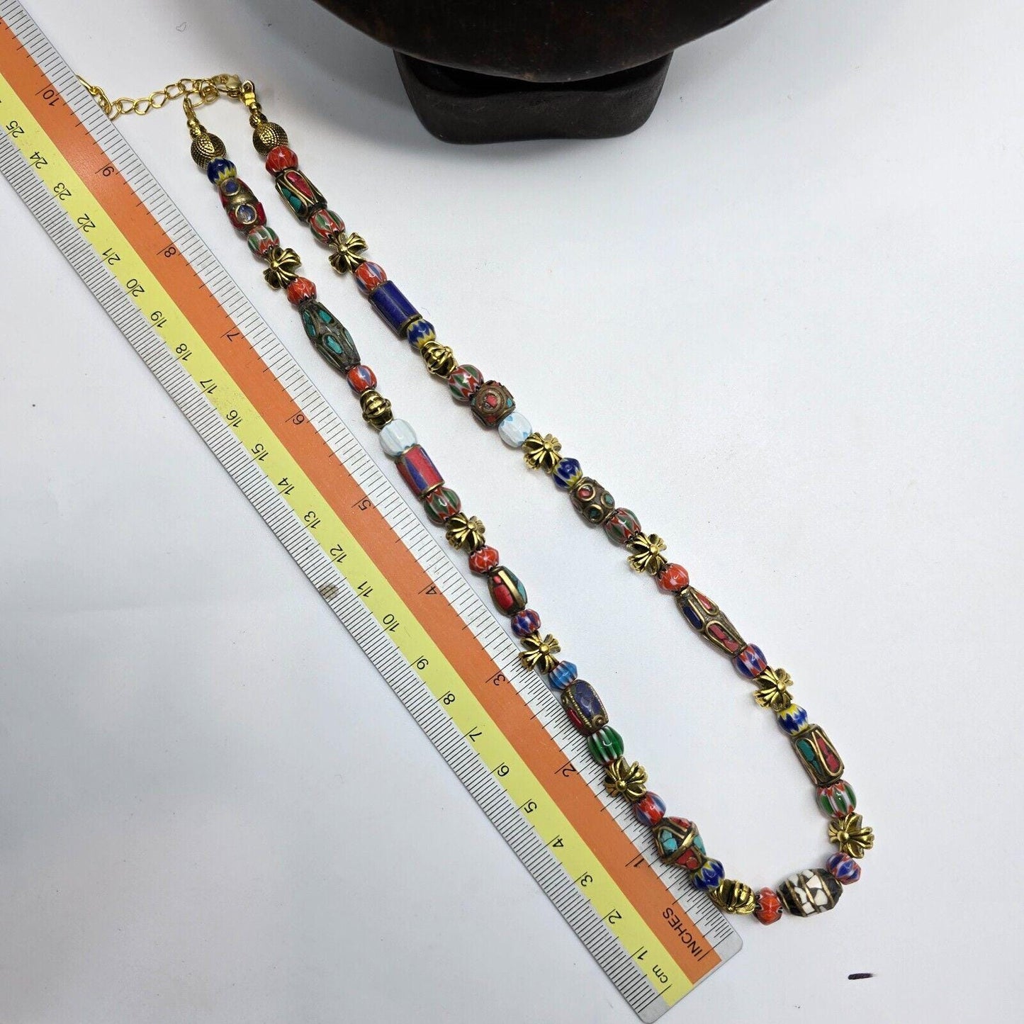 Vintage tibetan nepalese beads chevron glass beads brass gold plated necklaceGift