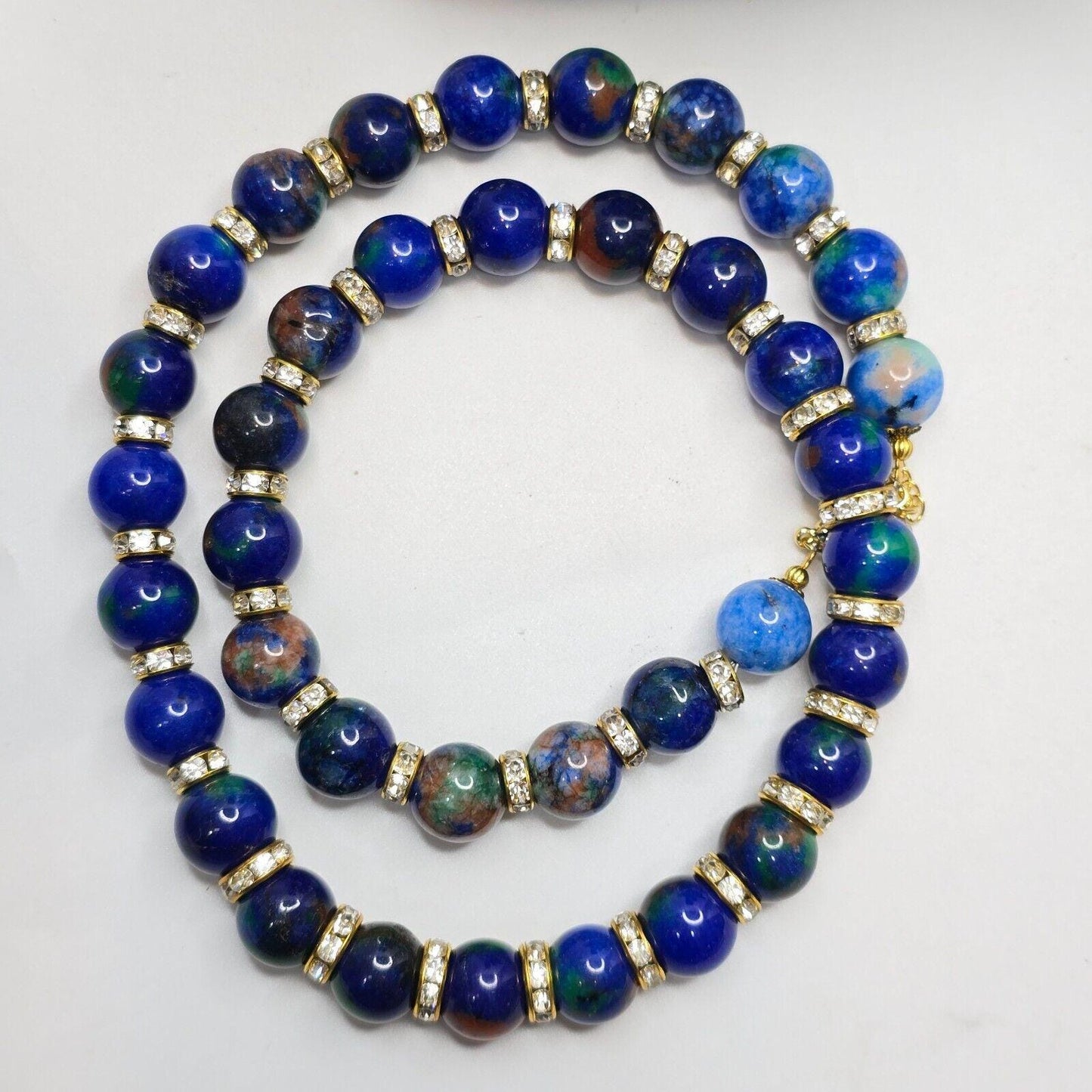 Blue Dyed Stone Necklace: Rhinestone Spacer Beads, 20-inch Beaded Chain