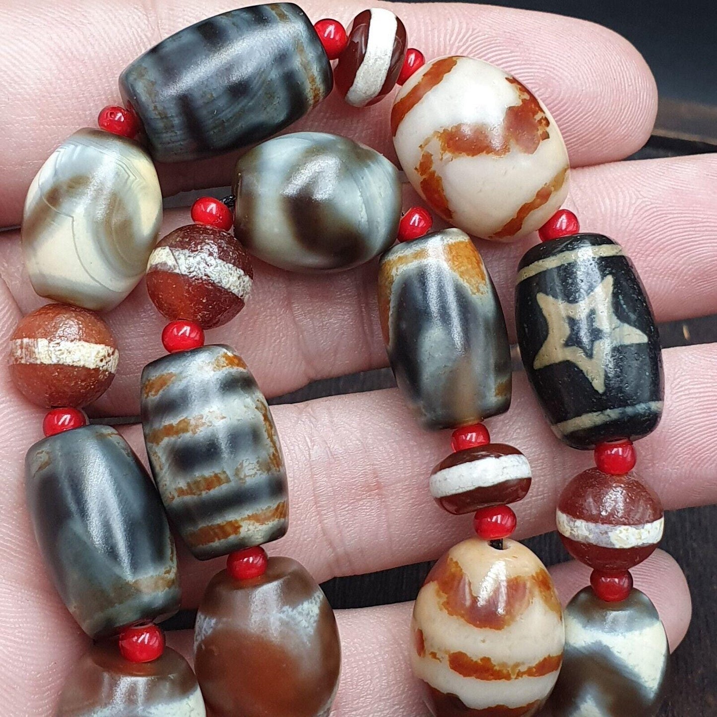 Vintage tibetan unique pattern eyes agate dzi beads lot necklace amulets