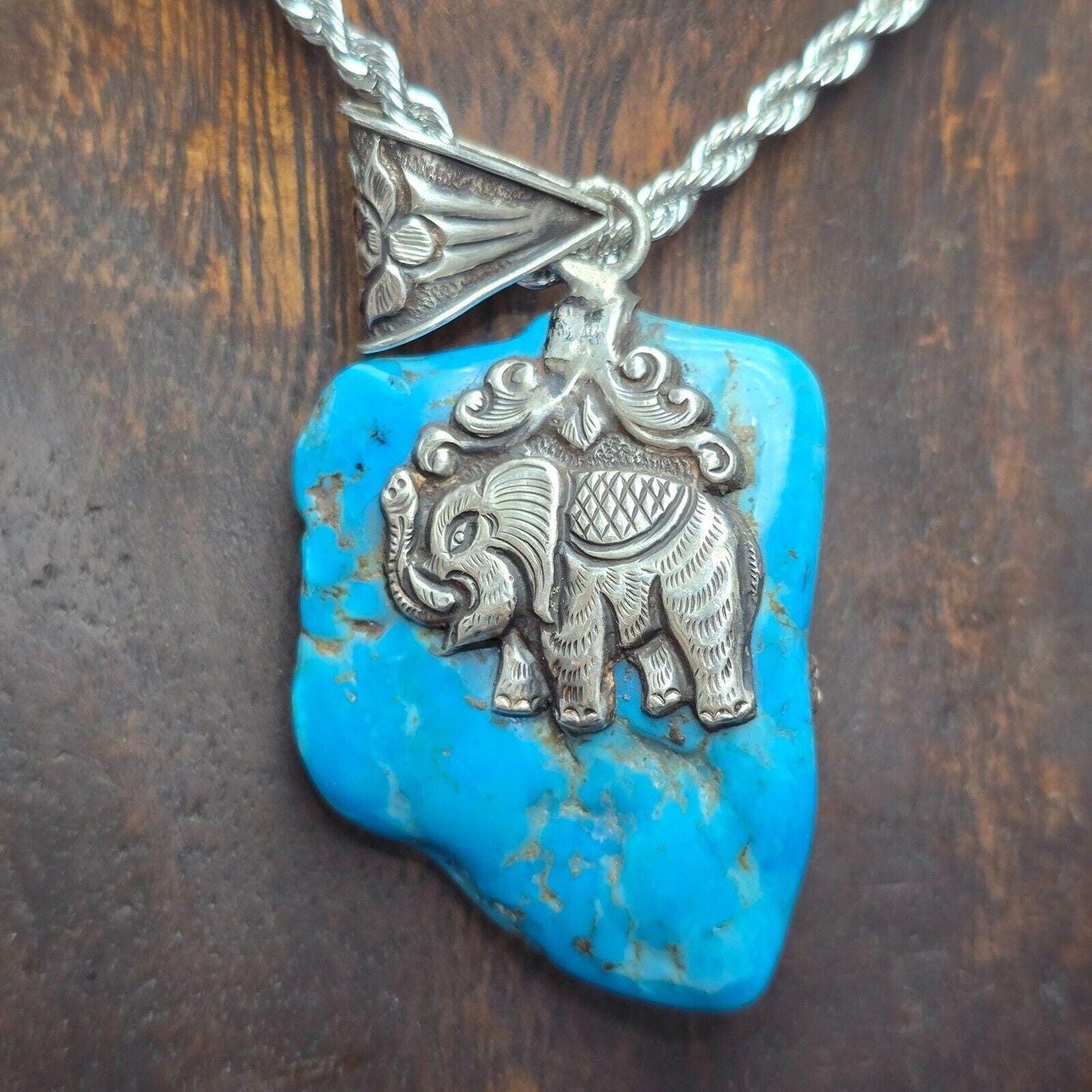 Dragon, elephant crafted from 925 sterling silver turquoise pendant necklace