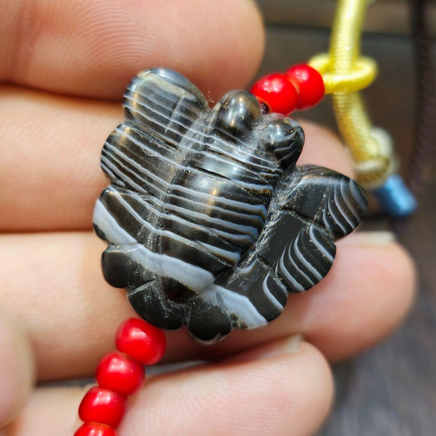 Unique tibetan himalayan carving butterfly black agate amulet bead #21