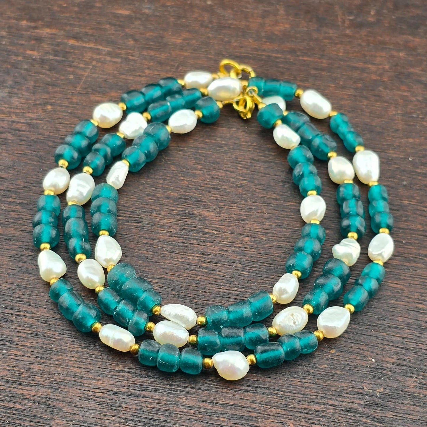 Vintage african blue glass and fresh water perals necklace & bracelet set