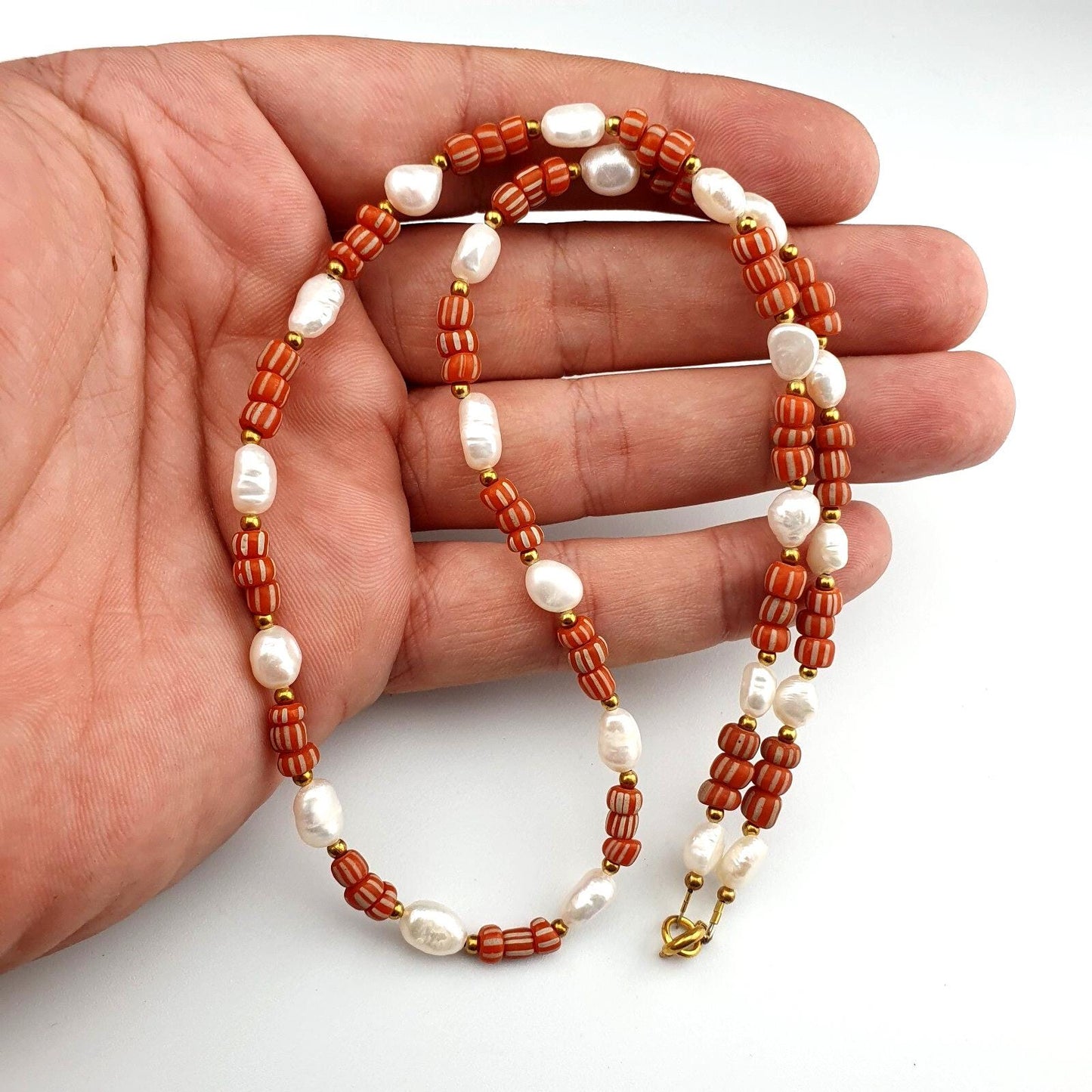 Fresh water pearl & red african glass beads 18" necklace