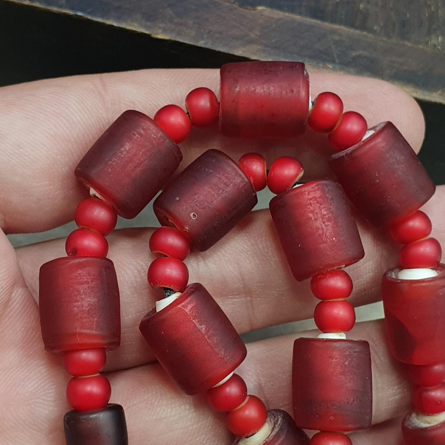 Vintage venetian white heart and red glass trade beads beaded necklace #j2