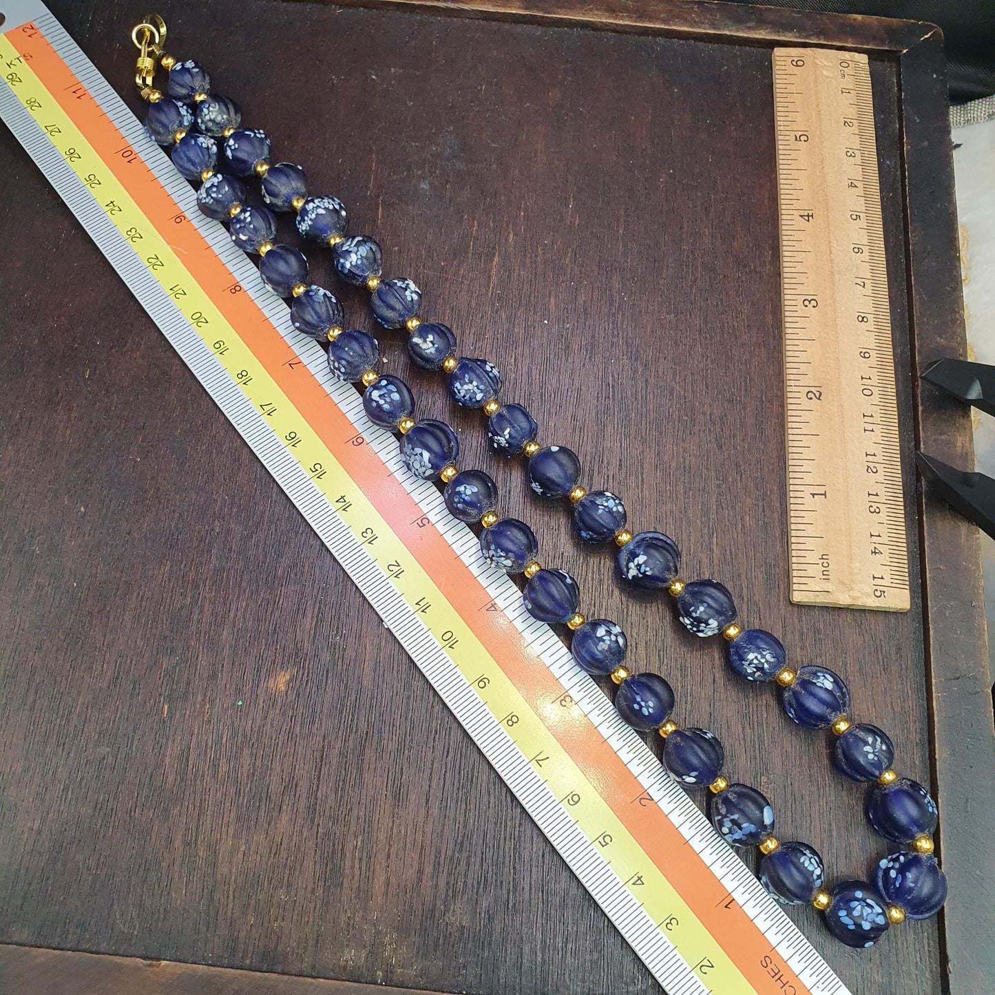 Vintage venetian african style blue melon shape glass beads beaded necklace