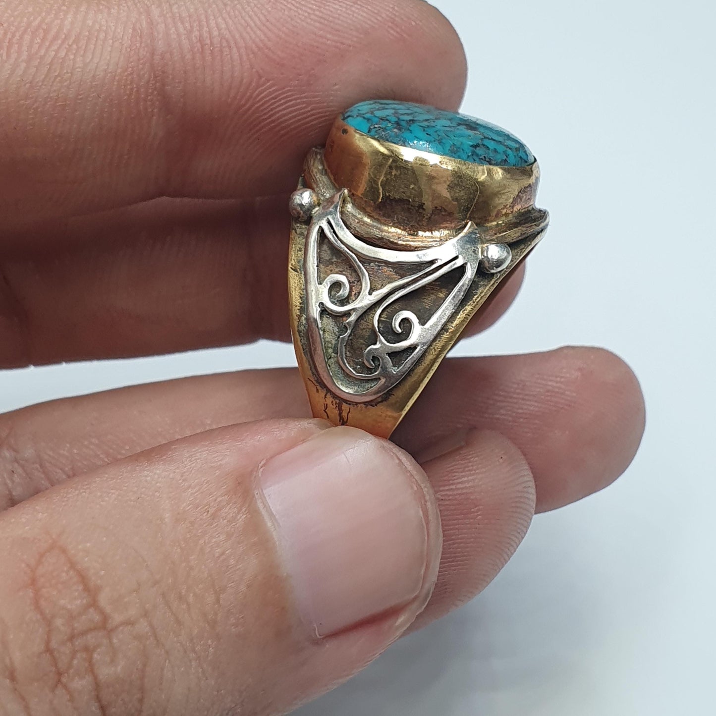 Silver Inlay brass Ring With Tibetan Turquoise Center Stone Gold Plated Brass