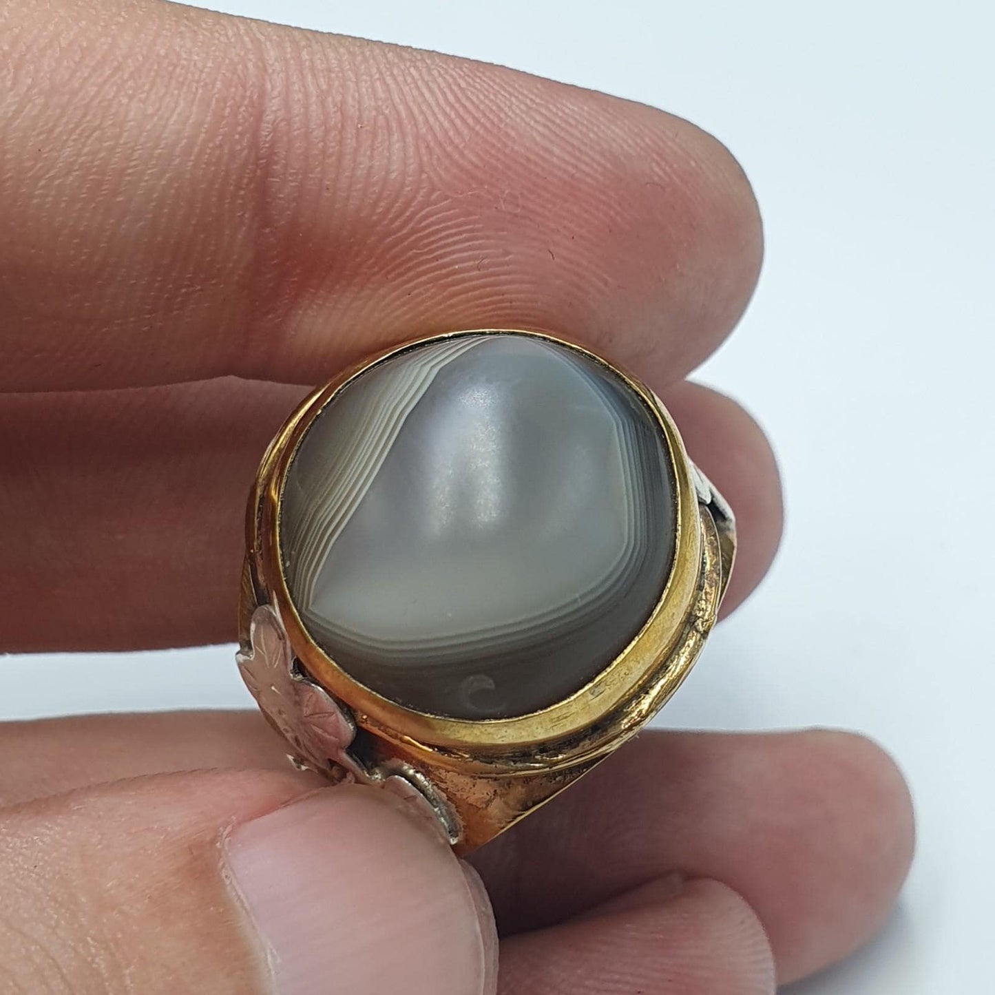 Silver inlay brass ring with tibetan eye agate center stone gold plated