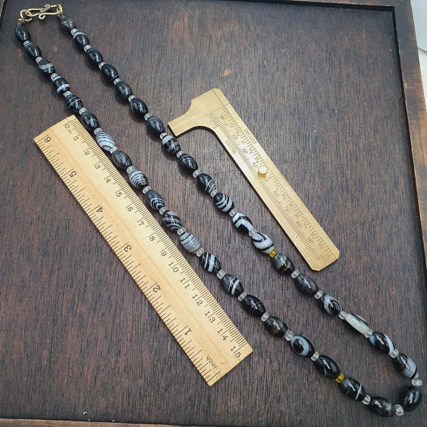 Vintage Black & White Banded Agate Bead Necklace, Brass Clasp
