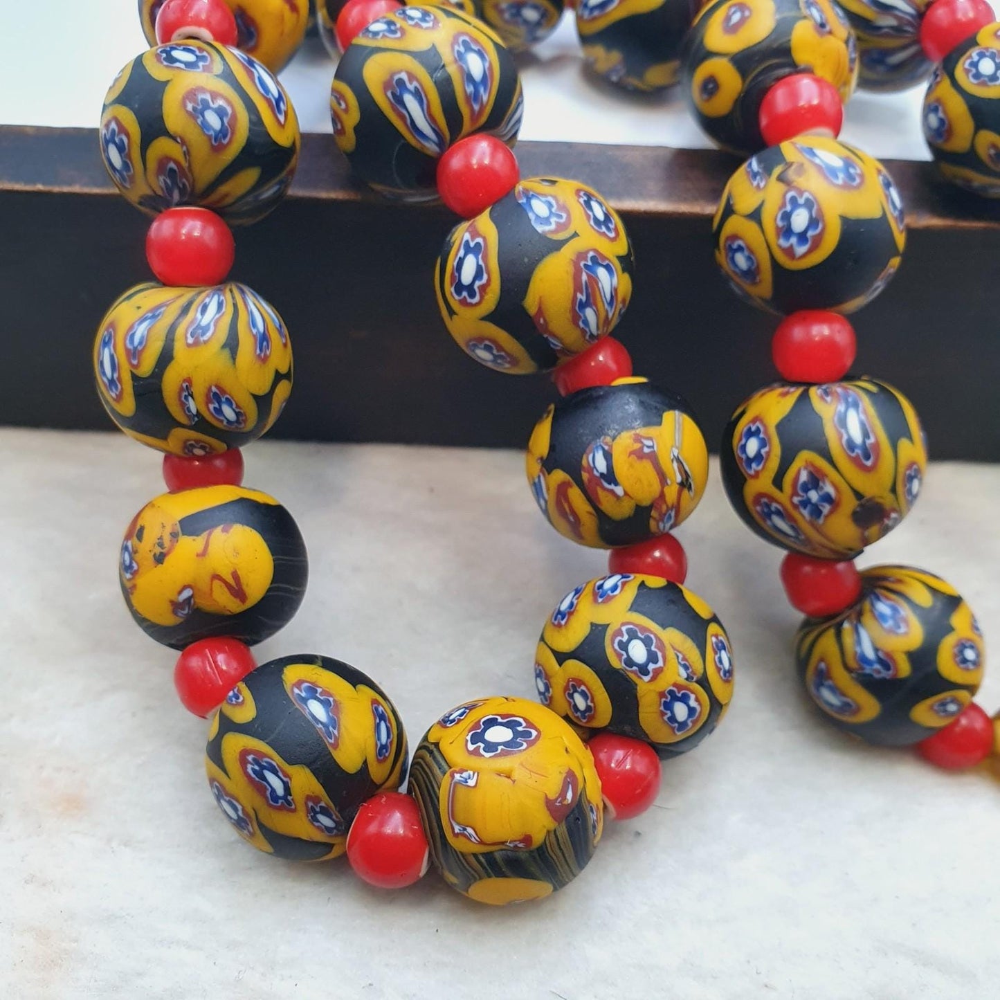 Vintage African Style Chevron Glass Bead Necklace, 22 Inch