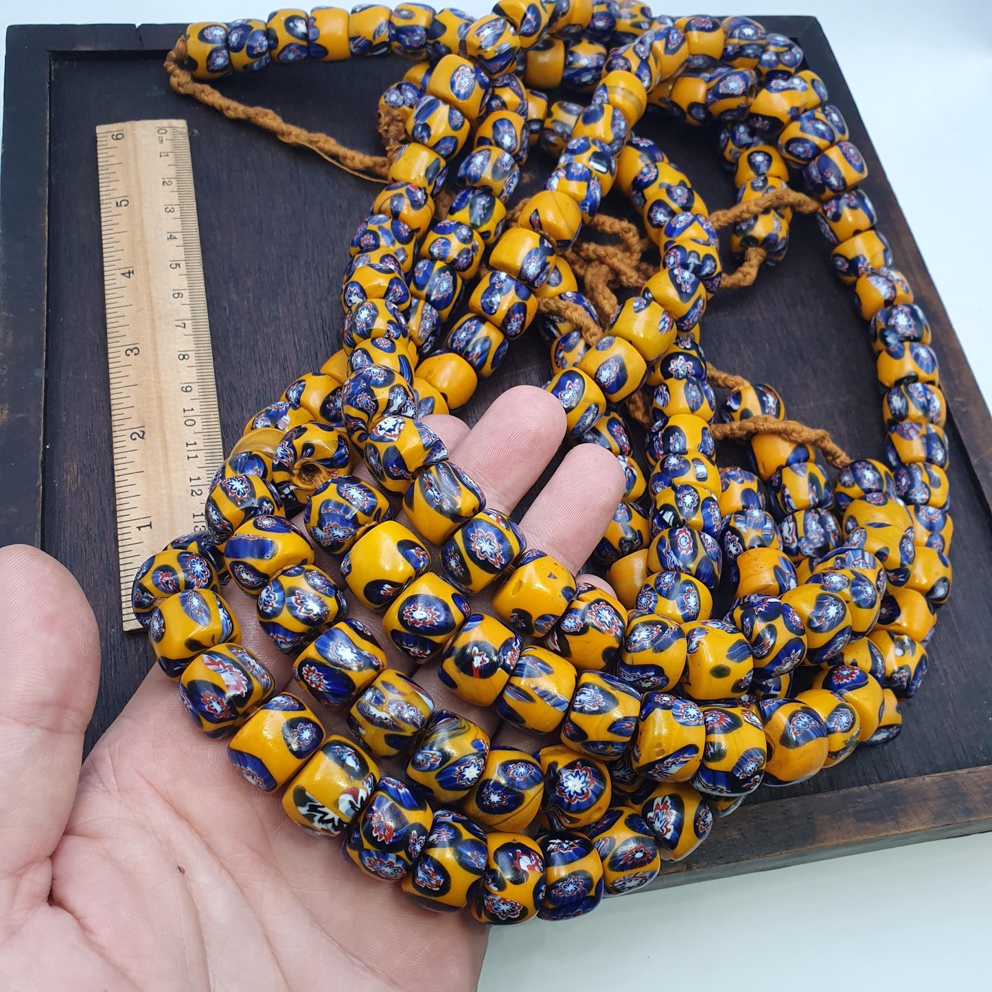 Vintage venetian style floral millefiori beads bold yellow with intricate motifs