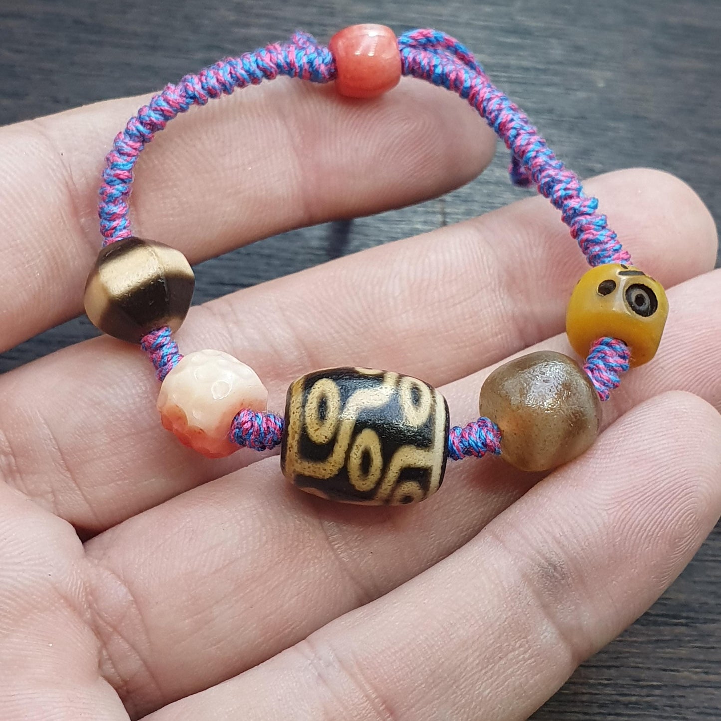 Handmade 9 eyes dzi bead bracelet multicolor cord - spiritual beads bracelet