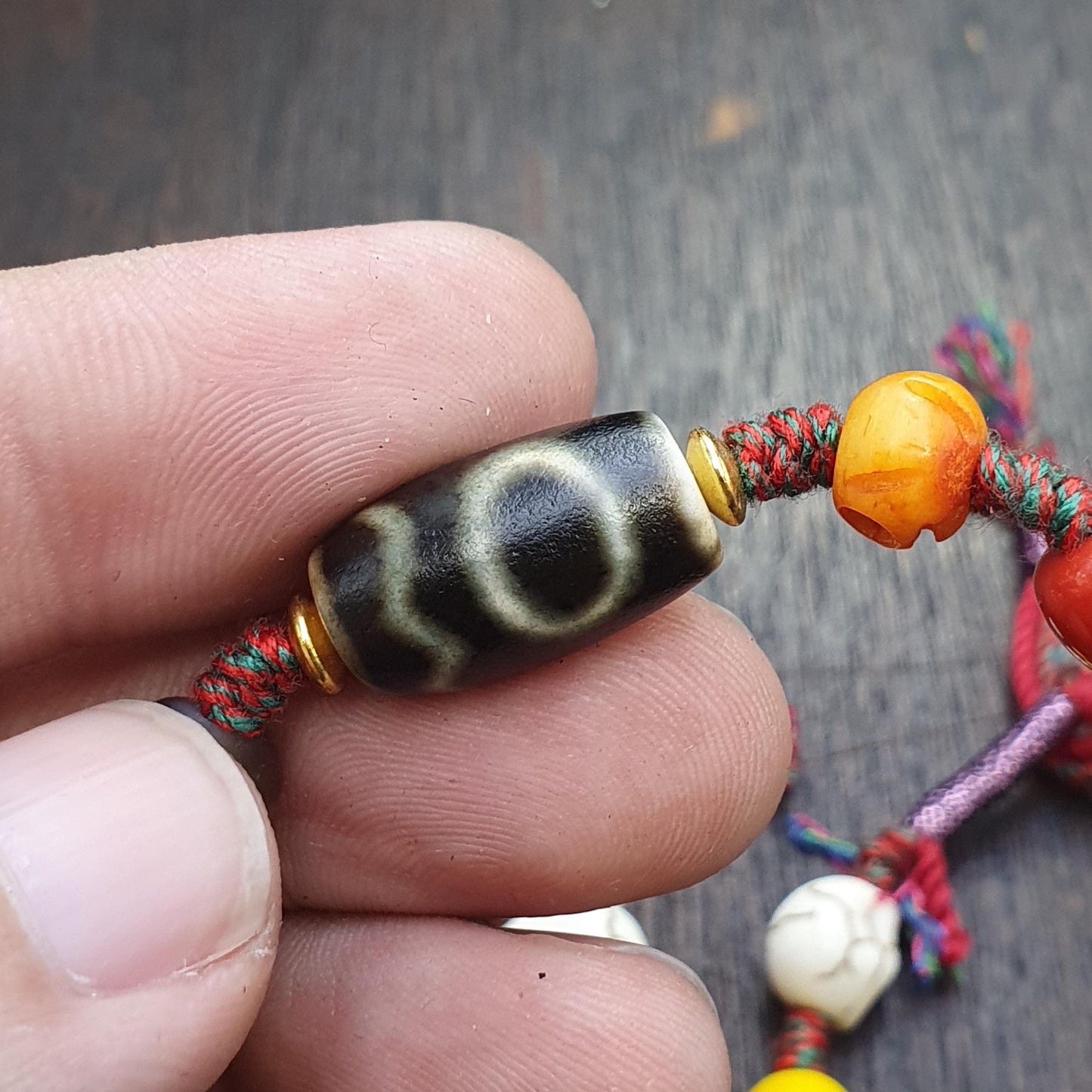 Handmade 2 eyes dzi bead bracelet multicolor cord - spiritual beads bracelet