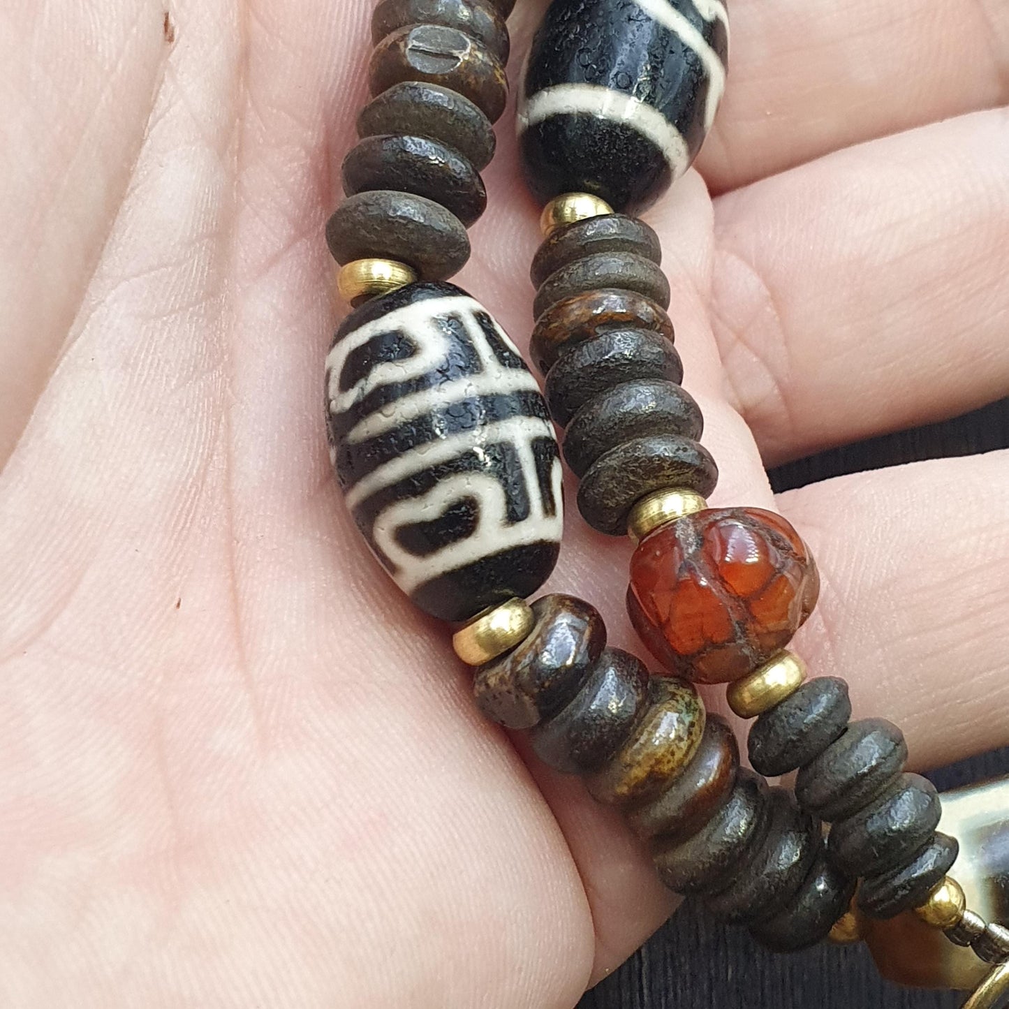 Himalayan indo tibetan 7 dzi agate beads with yak bone beaded necklace