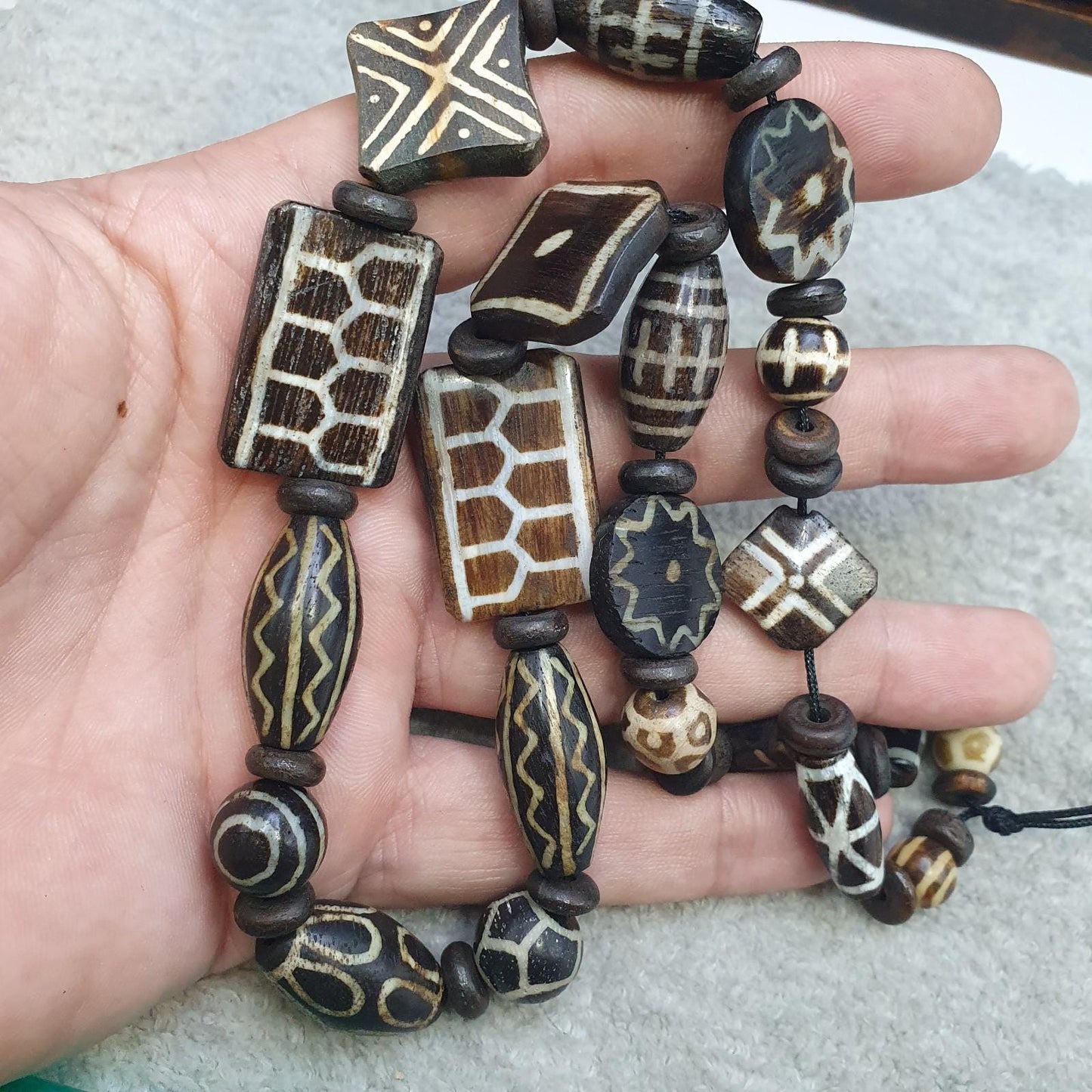 Lot dzi pattern asian burmese old pumtek petrified wood stone beads strand
