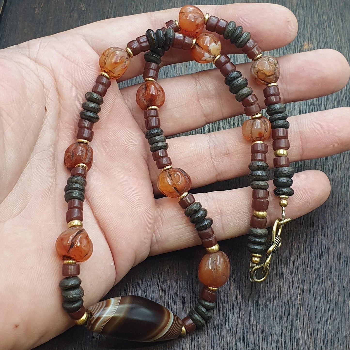 Himalayan indo tibetan central asian agate beads decorated beaded necklace