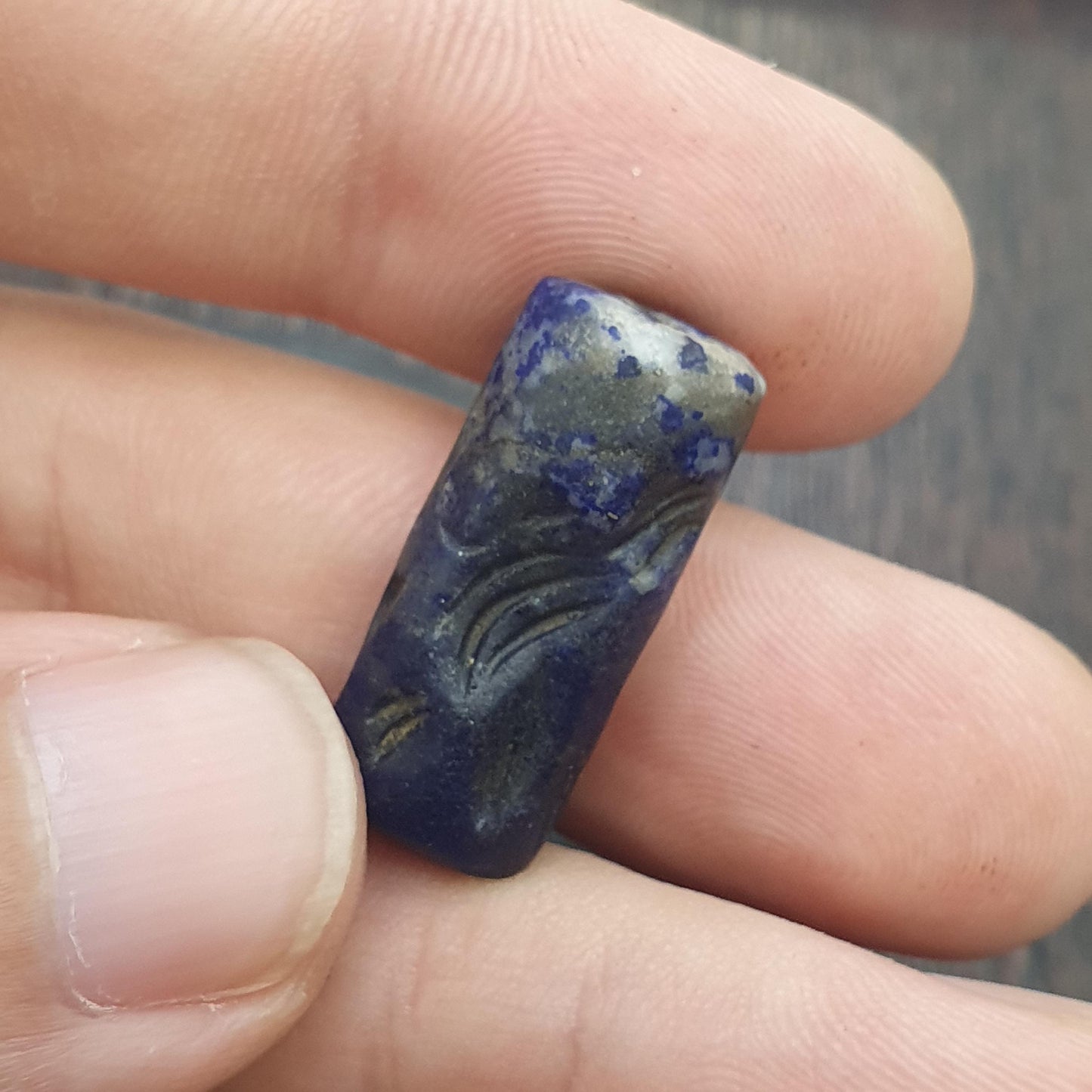 Rare Antique Lapis lazuli Seal Stone Bead Intaglio Carved Animal and Bird