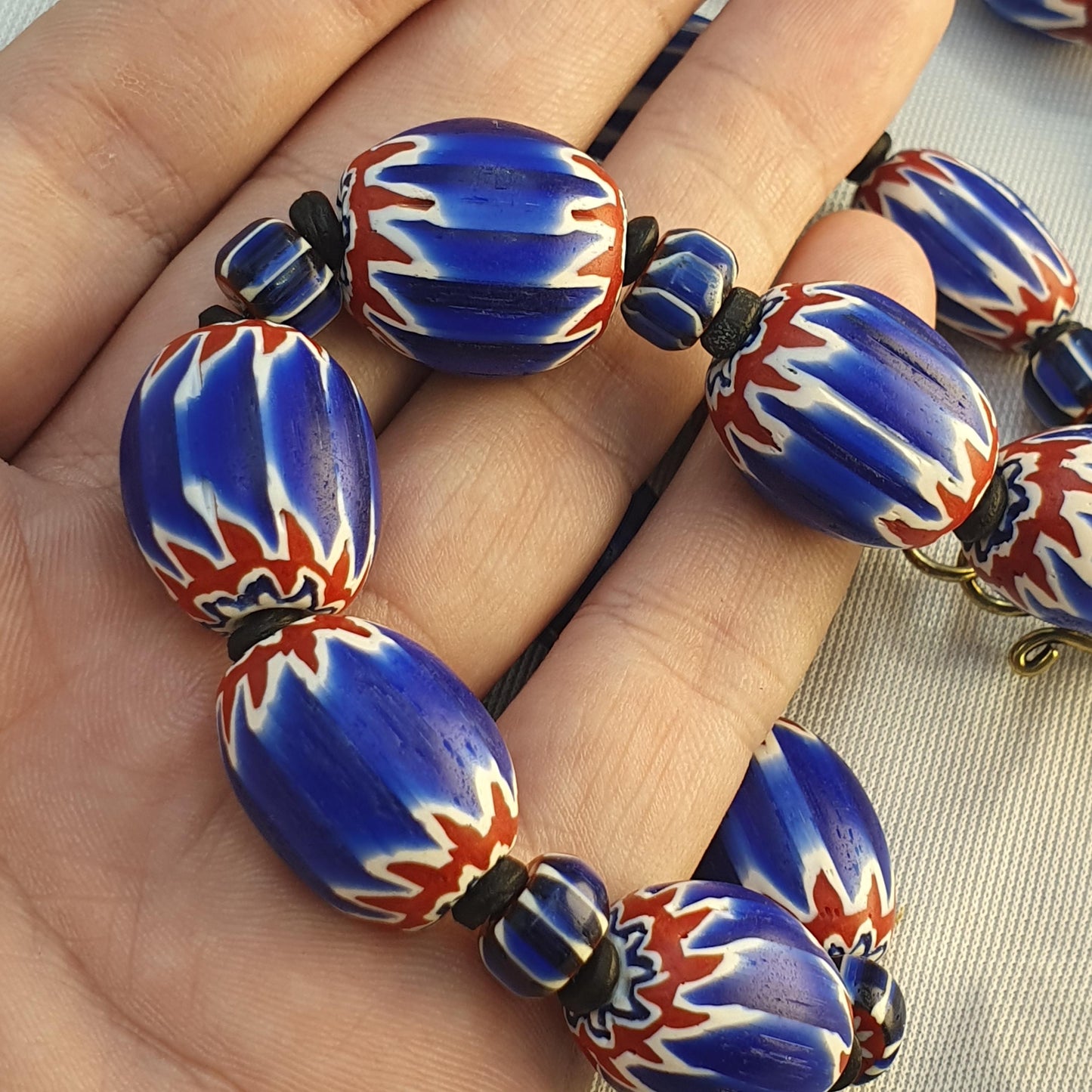Big size vintage venetian style old blue chevron glass beads long strand ch-2