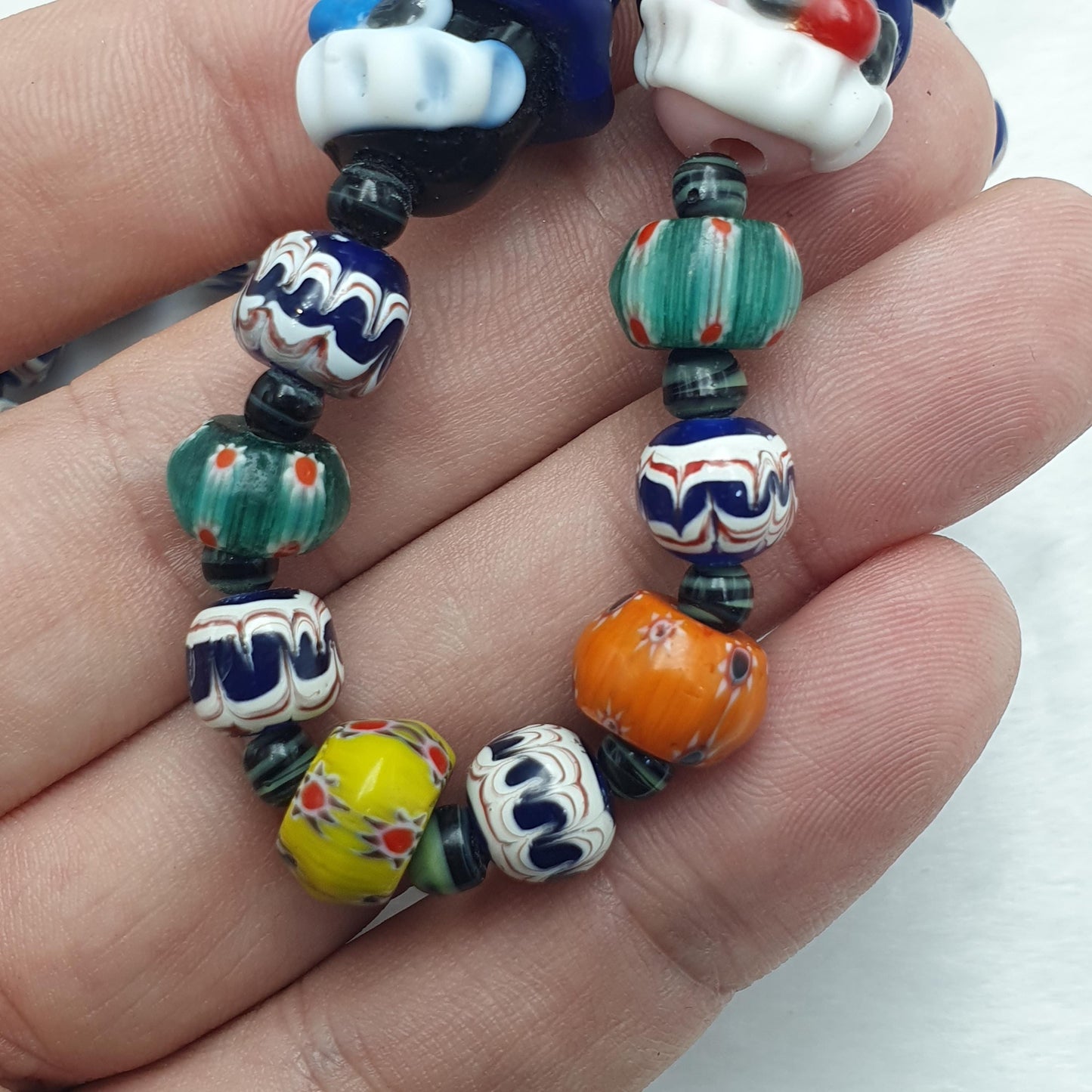 Rare Venetian Style Chevron Bead Necklace with Glass Clown Face Beads - Blue Murano Millefiori Zig Zag Beads - Collectible Artisan Jewelry