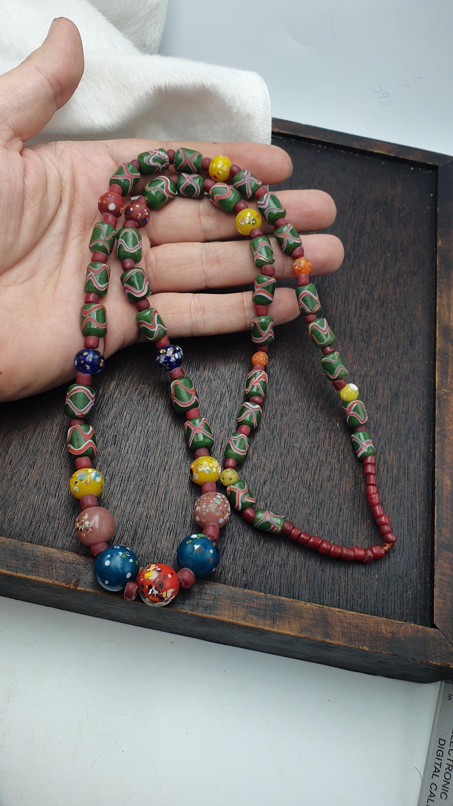 Antique Style African Glass Beads Strand Multi Color Millefiori Tribal Necklace, Green Chevron Beads