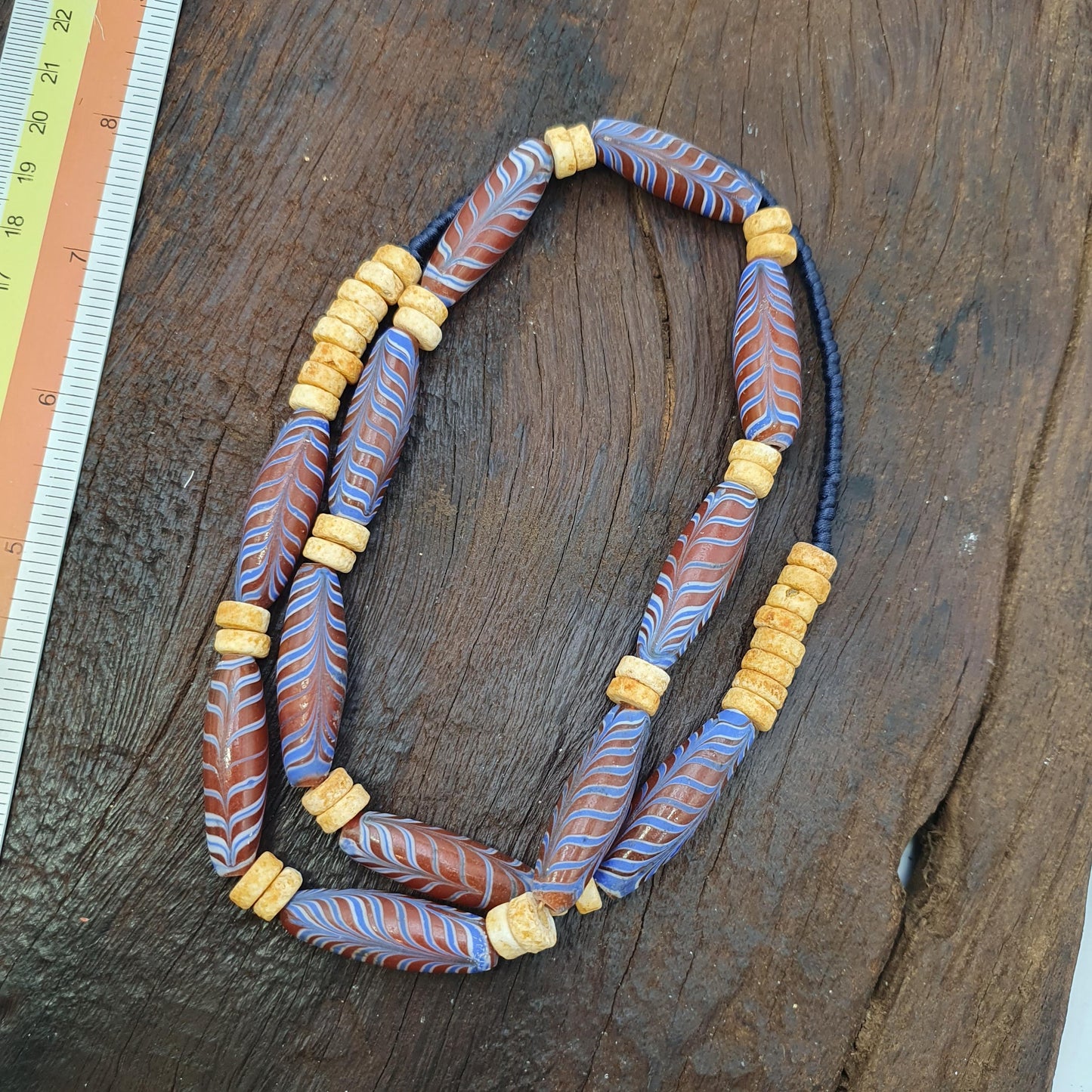 Venetian Style Bead Necklace, Red and Blue Feather Pattern Glass Tubes, Tribal Boho Statement Jewelry, Unique Gift for Him or Her