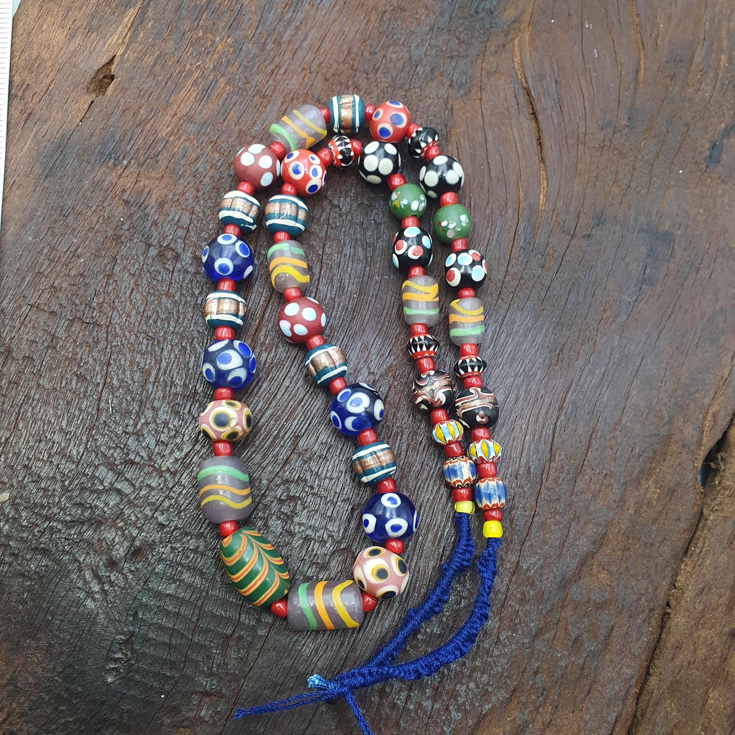 Venetian Style Mix Pattern Beads Necklace, 26 Inches Long, Handmade Vintage Glass Skunk Beads, Statement Jewelry, Unique Beaded Necklace
