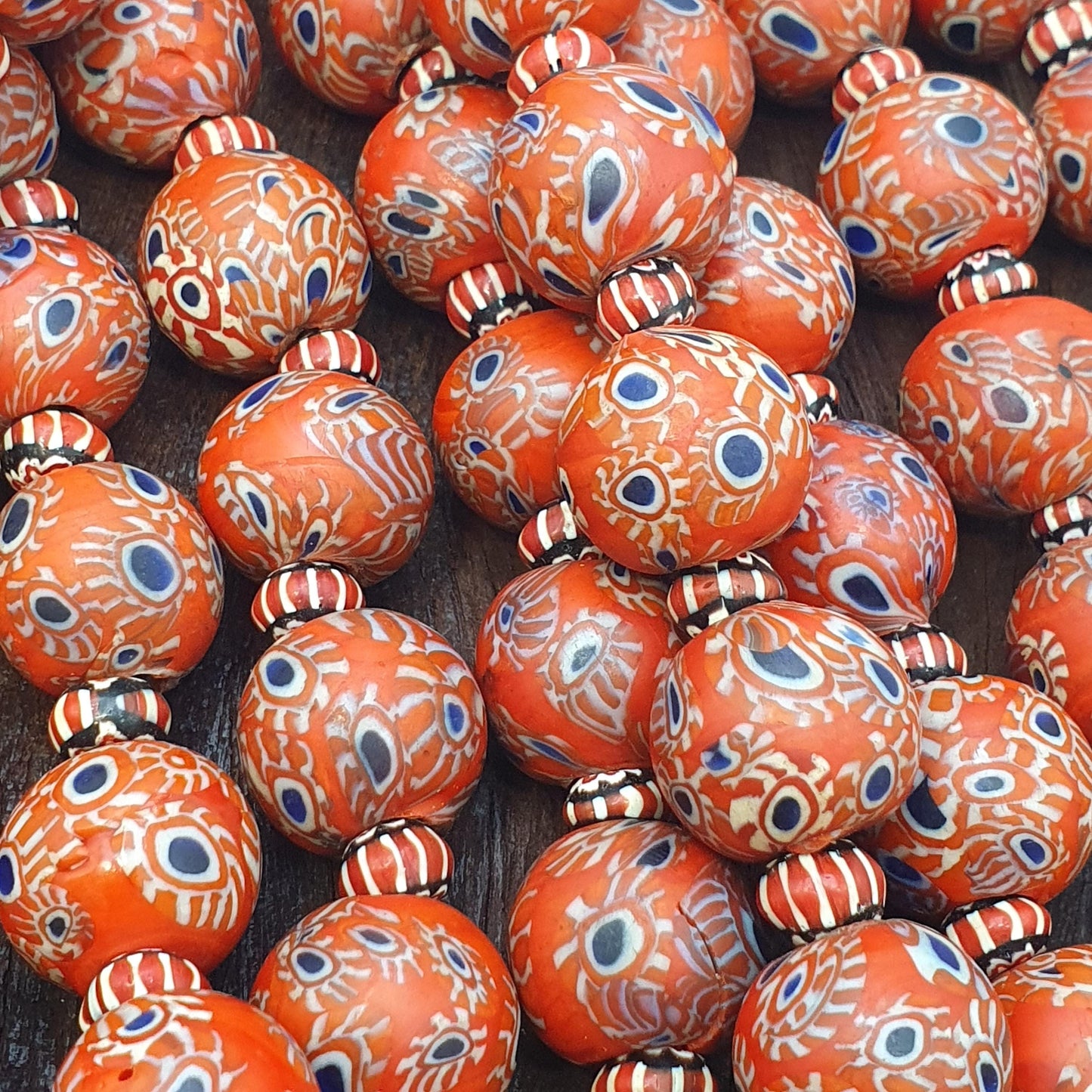 Large Red Millefiori Inspired Round Blue Eye Glass Beads African Style Strand, Handmade Vintage Beads, Beaded Necklace Jewelry Gift