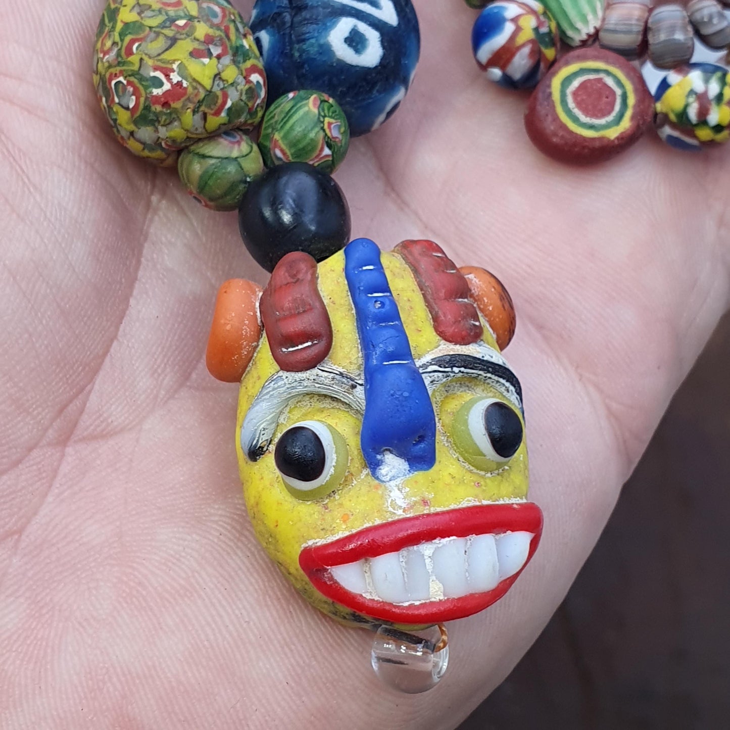 Rare Venetian Styl Face Bead Necklace - Millefiori Mosaic Glass Trade Beads - 26 inches Handmade Artisan Lampwork Jewelry