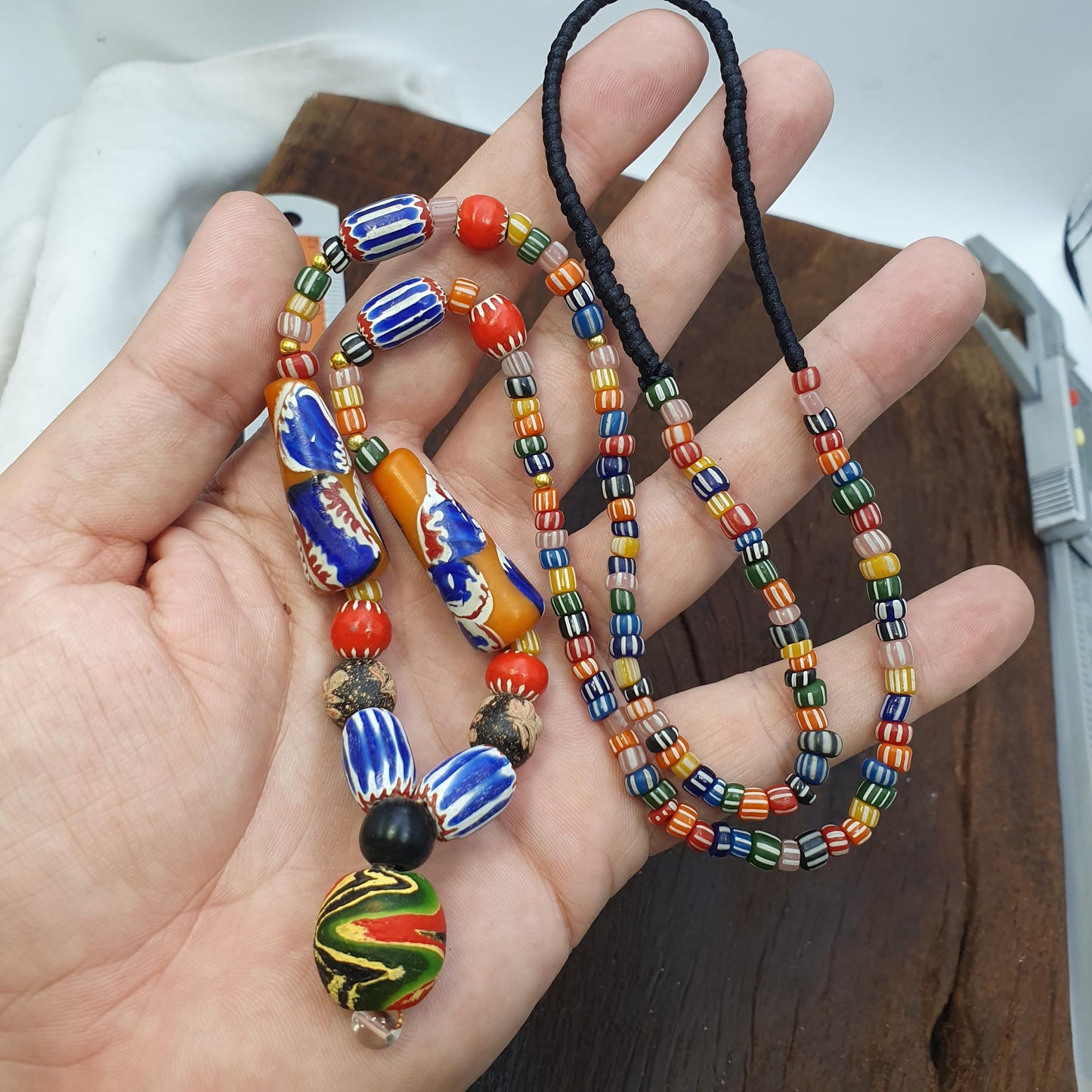 African Style Bead Necklace with Millefiori Glass Pendant, Tribal Style Artisan Jewelry for Boho Lovers