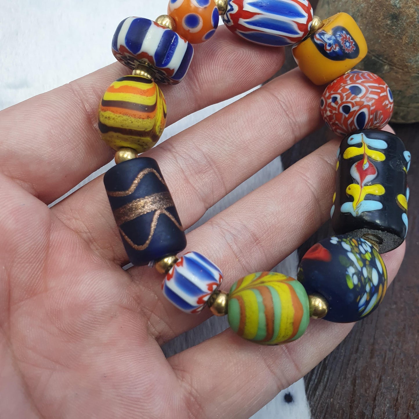 Vintage African Venetian Style Glass Beads Bracelet, Handmade Boho Jewelry