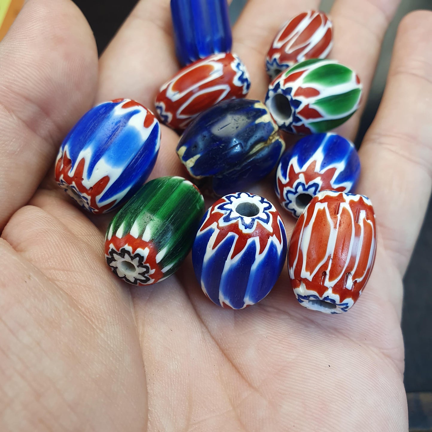 Venetian Style Chevron Beads, Layered Rosetta Glass Beads, Mixed African Trade Beads, Red Blue Green Millefiori, Jewelry Making Supplies