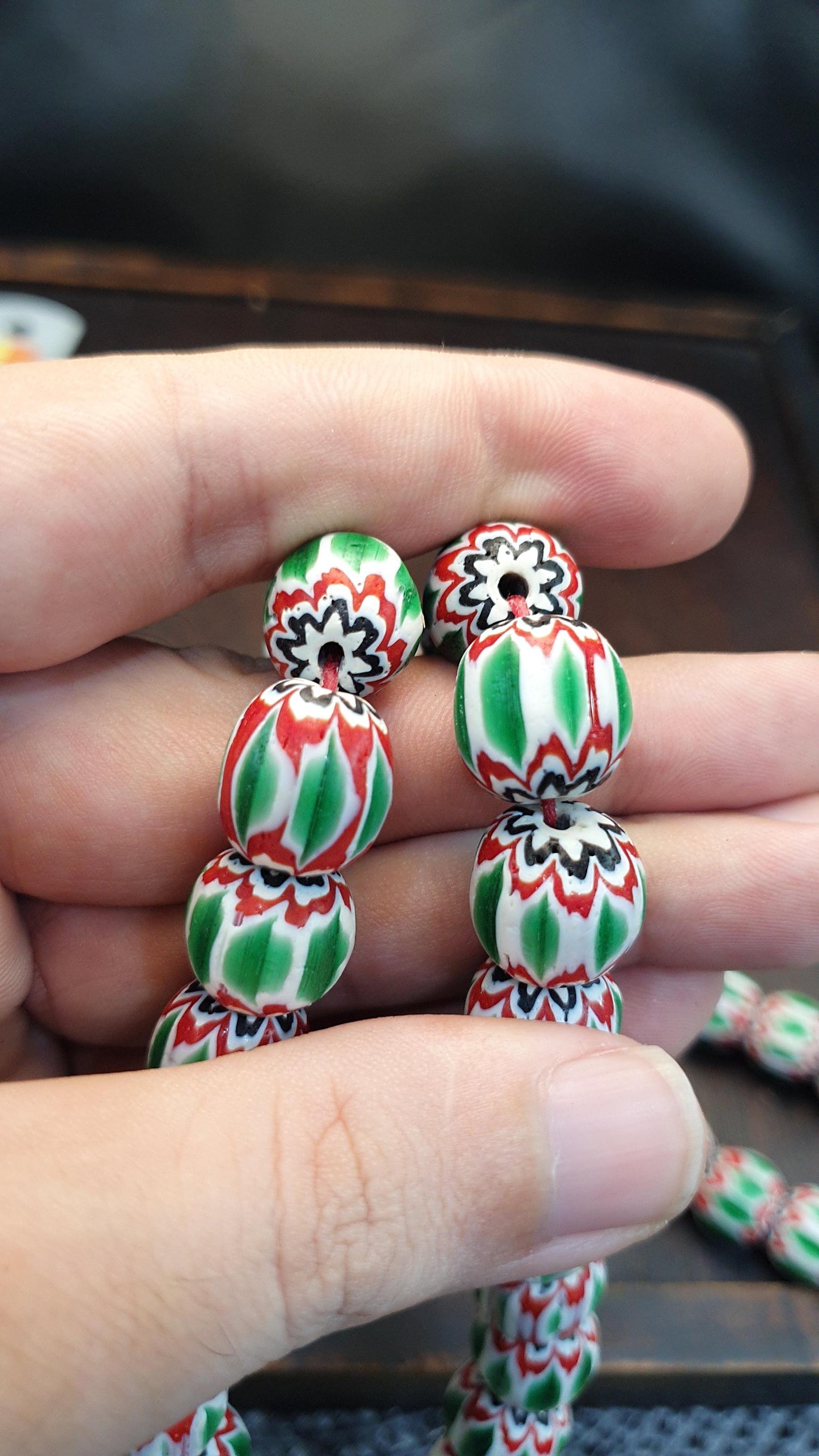 Big size vintage venetian style old green chevron glass beads long strand