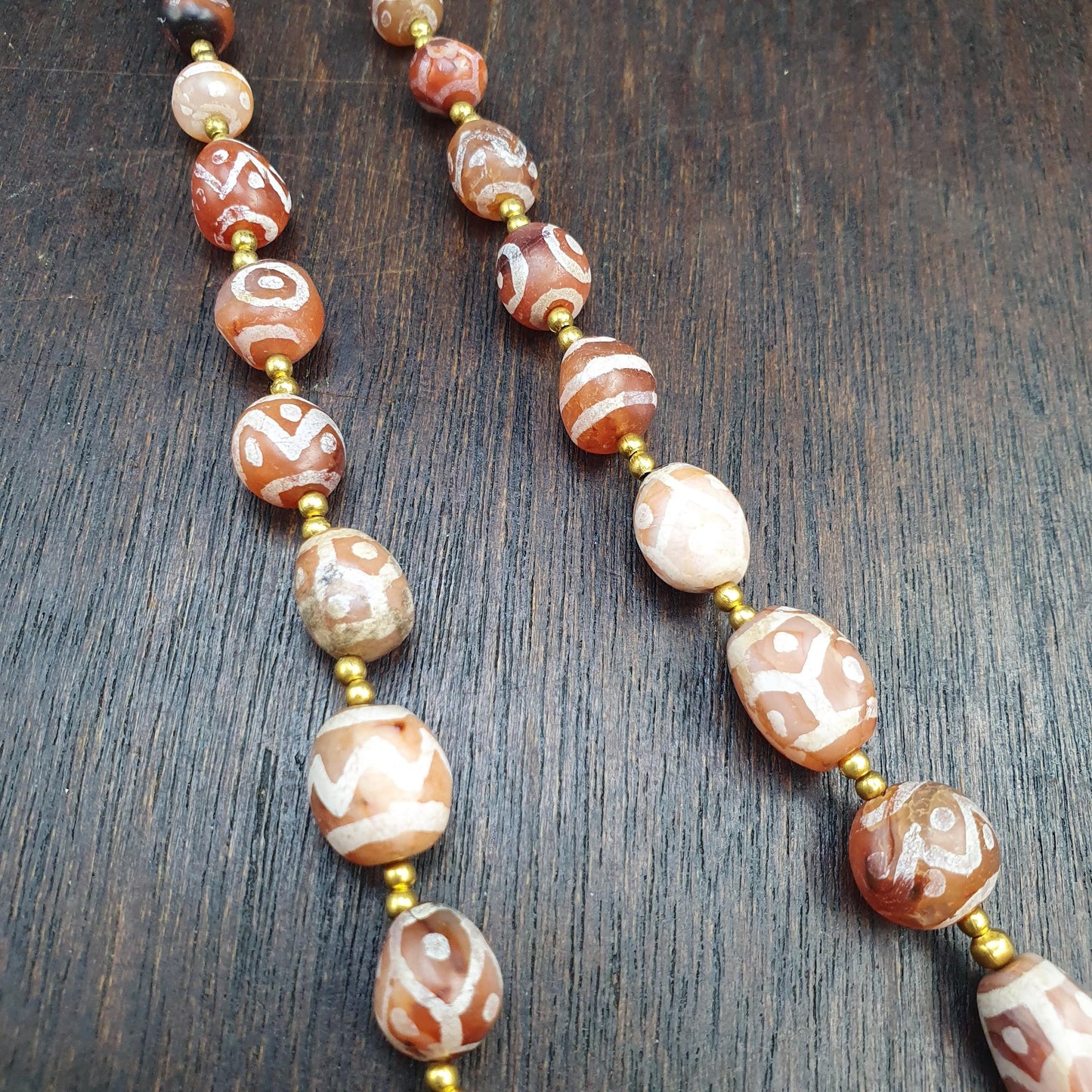 Genuine Patterned Agate Dzi Necklace - Intricately Etched Himalayan Beads - Collector's Tribal Jewelry