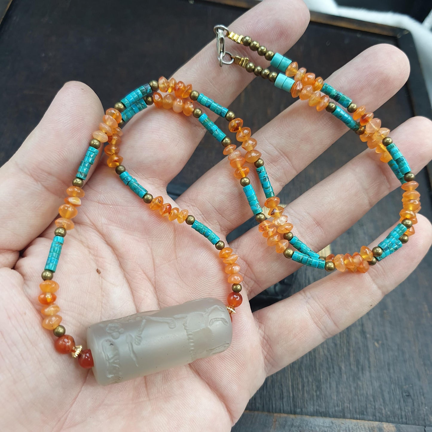 Chalcedony Cylinder Seal Pendant - Hand-Carved Sasanian Hunter Motif - Carnelian & Turquoise Beaded Necklace