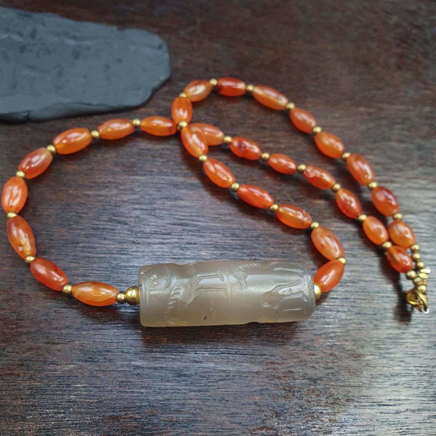Translucent Chalcedony Cylinder Seal Necklace | Hand-Carved Mesopotamian Animal Motif | Historical Statement Jewelry