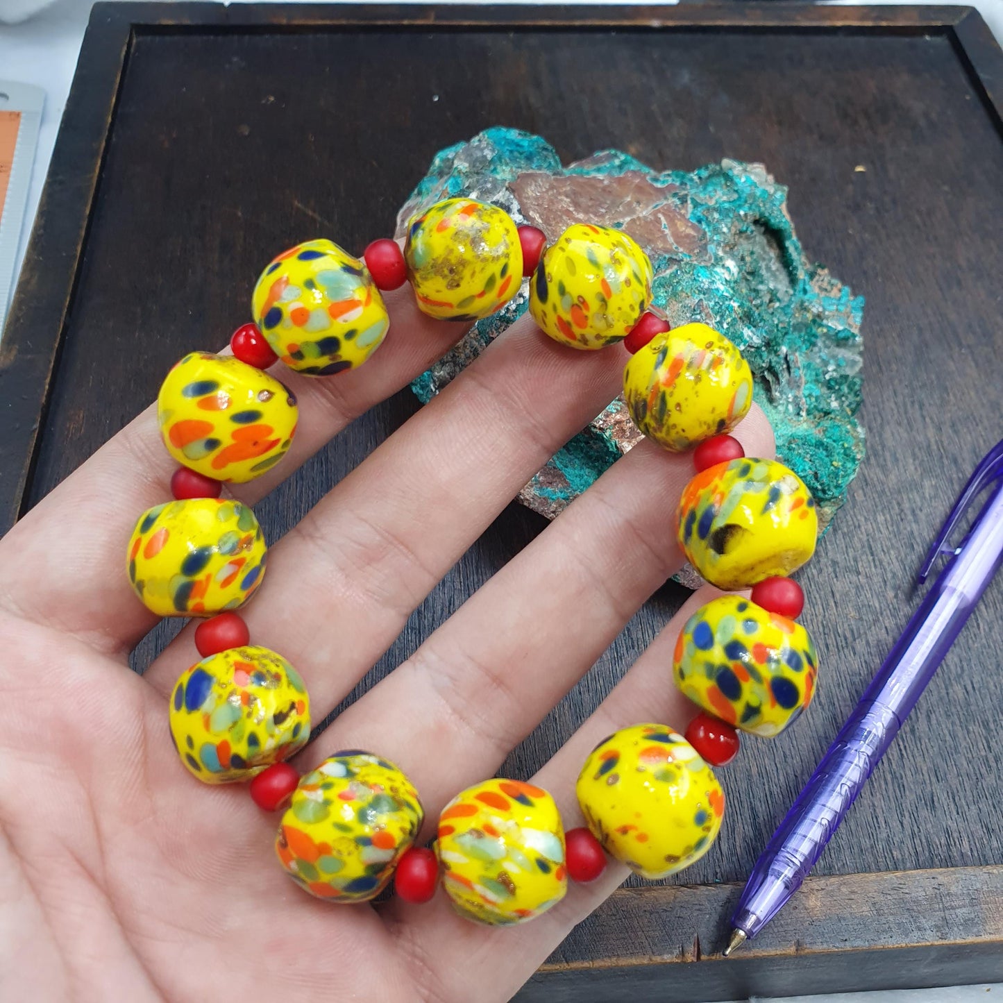 Yellow Venetian Style Glass Trade Bead Bracelet, Colorful Confetti Splatter Lampwork Beads, African Trade Bead Jewelry, Vibrant Boho Gift