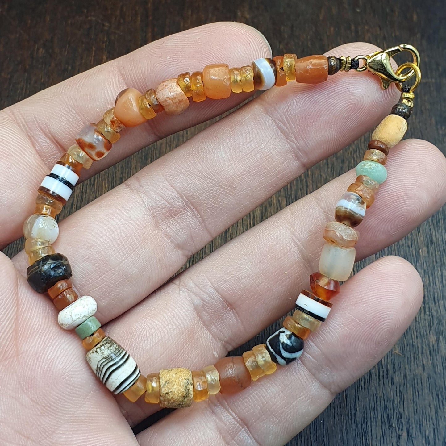 Ancient Agate and Crystal Bead Bracelet 8 Inches, Antique Silk Road Carnelian Talisman, Rare Collectible Gift