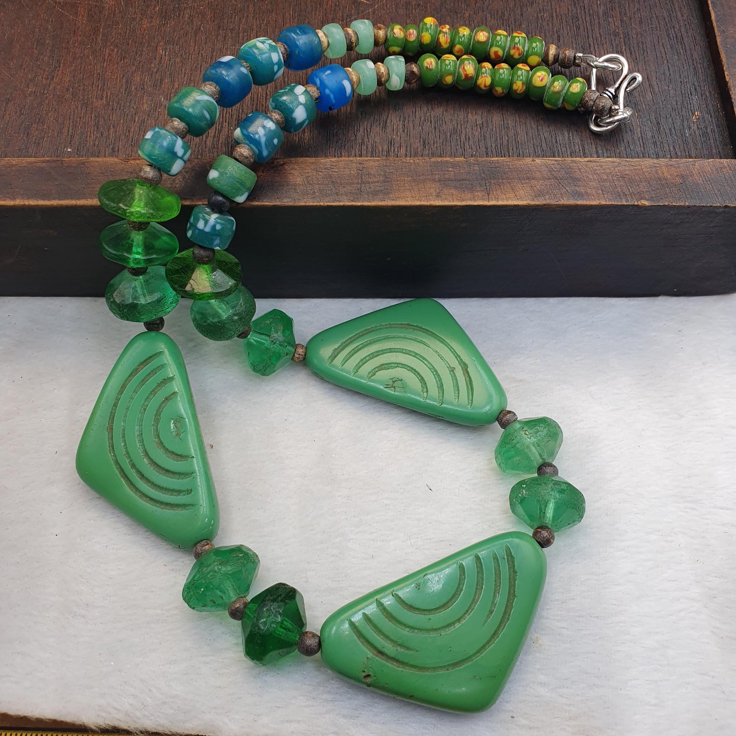 Rare Antique African Trade Bead Necklace Green Carved Glass Statement Necklace | Handcrafted Ethnic Tribal Jewelry Collectibles