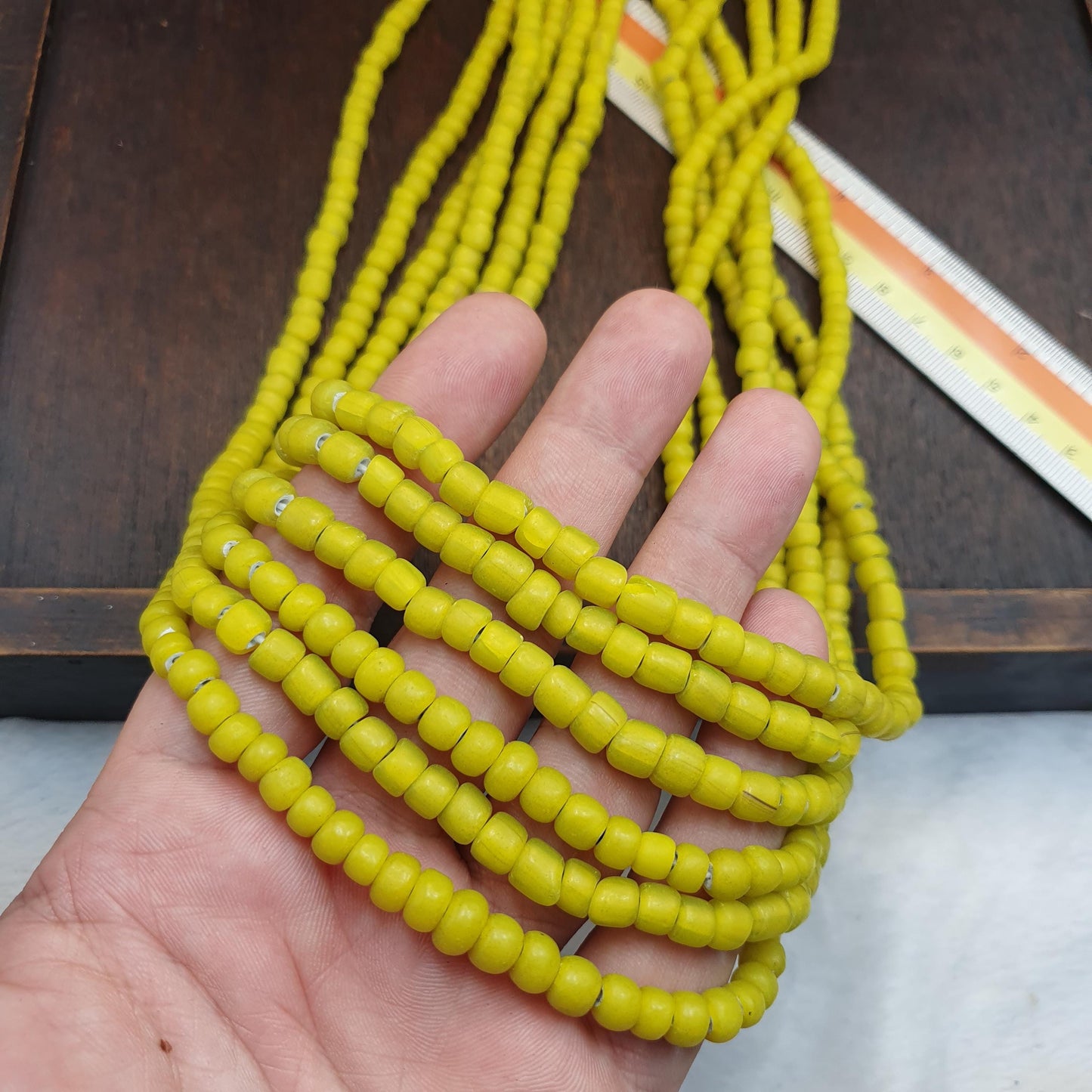Yellow white heart 6 mm Czech Republic glass beads long strand necklace