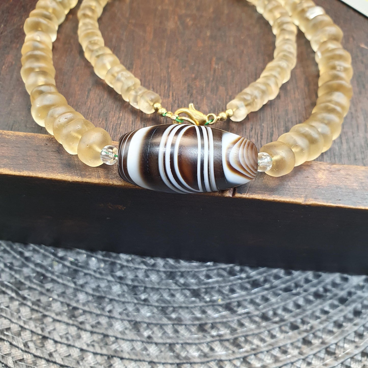 Himalayan Quartz Necklace with Striped Banded Agate Bead, Tibetan Amulet, Frosted Quartz Beaded Spiritual Jewelry, Sacred Protection Gift