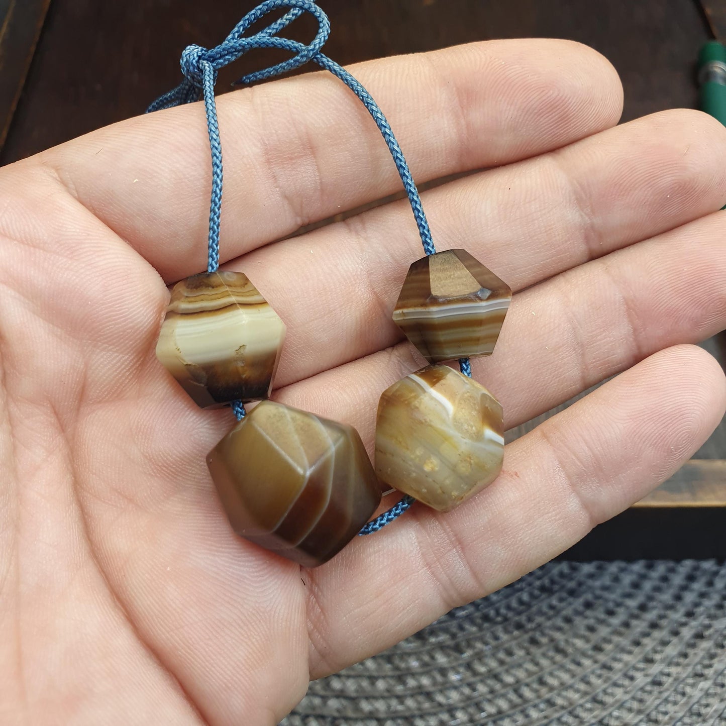 Rare Set of 4 Antique Yemeni Suleimani Agate Beads, Historical African Trade Chalcedony, Faceted Hexagonal Bicone Statement Heirloom Beads