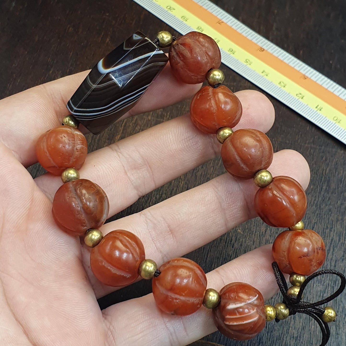 Antique Carved Melon Agate Bead Bracelet, Hand Carved Fluted Carnelian, Antique Silk Road Trade Beads, Rare Archeological Focal Gift