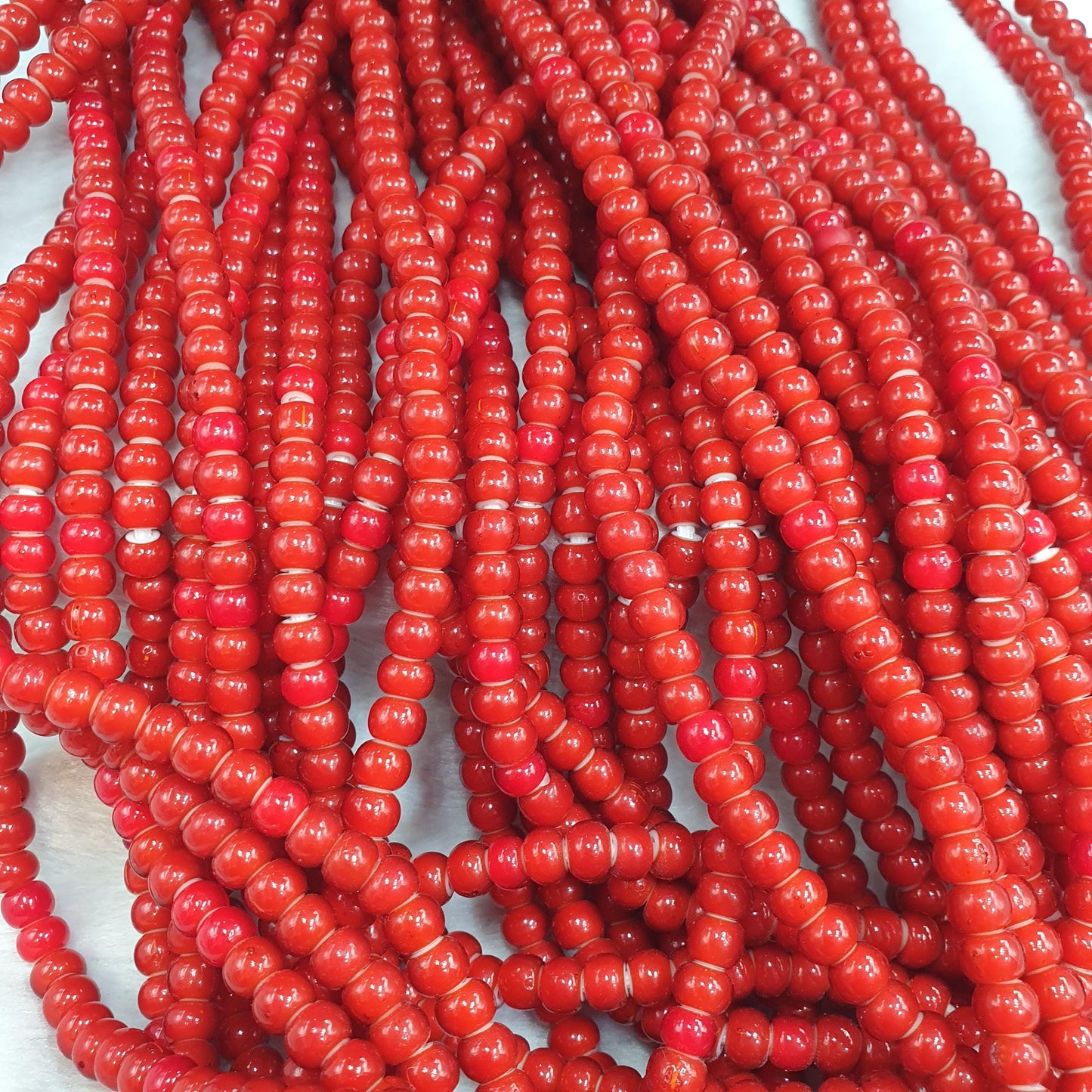 Vintage Venetian Red White Heart Trade Beads: 120 Bead Strand