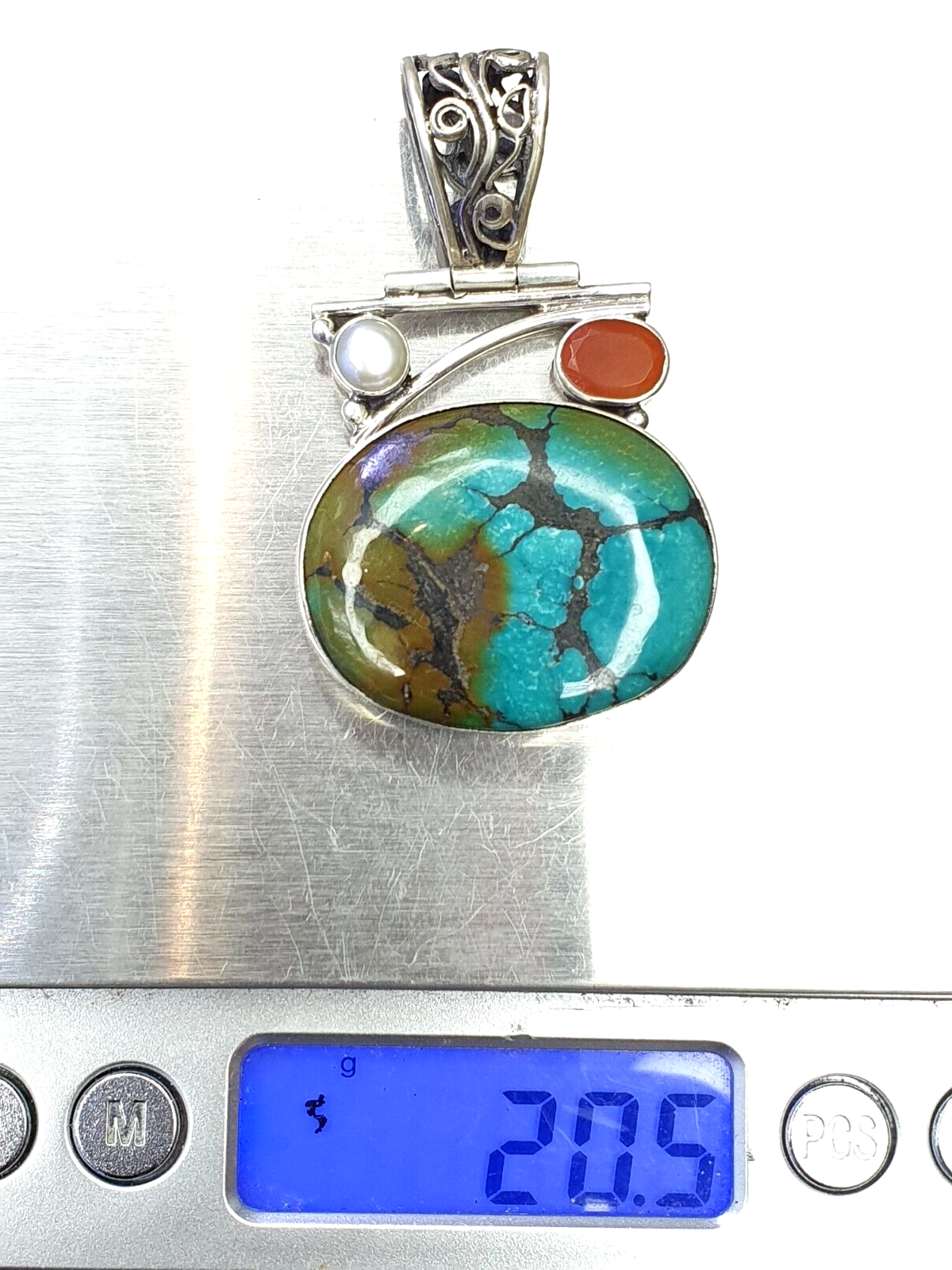 Perlen-Halskettenanhänger aus Sterlingsilber mit blauem Spinnennetz und Türkis, 20,5 ct