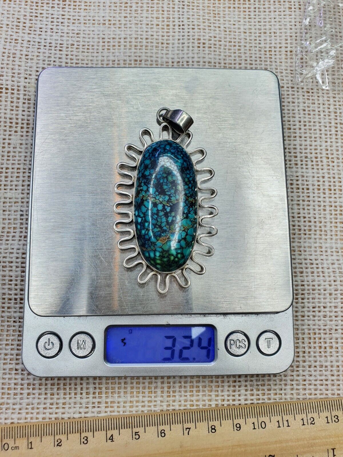 Großer blauer Spinnennetz-Türkis-Anhänger aus Sterlingsilber 925 für Herren, 32,4 Gramm