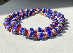 Tiny Blue Chevrons and White Heart venetian Beads African COLLECTION Necklace