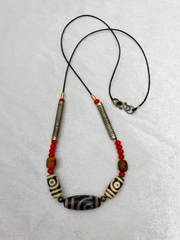 Himalayan Indo Tibetan 2 Eyes 3 Beads unique Patterns Dzi Amulet Beads Necklace