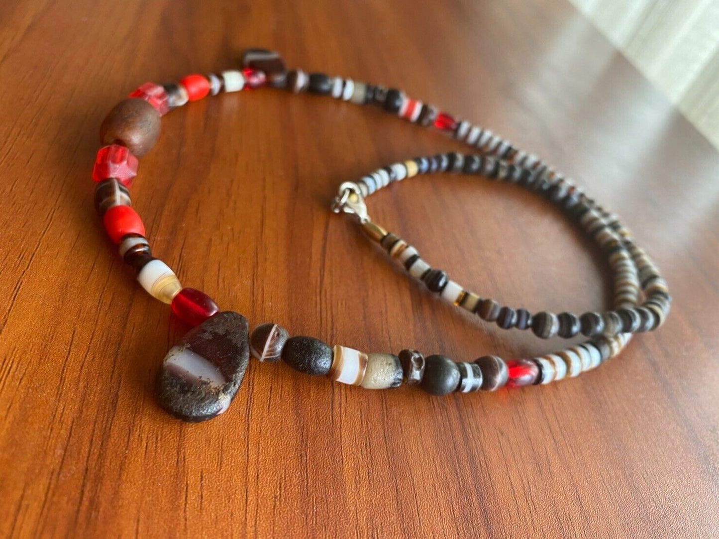 古代老天珠帶狀瑪瑙琥珀和玻璃珠古董珠項鍊瑪拉