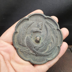 Early Antique China Chinese Bronze Hand Mirror - Bird Design Flower Shape 1700s?